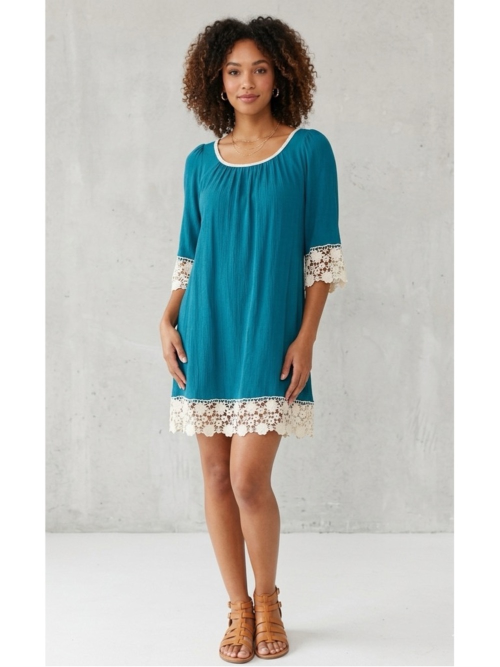 Umgee Gauzy Textured Floral Crochet Lace Trim Bohemian Mini Shift Dress- Small